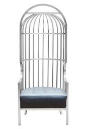 Orsina Brushed Silver Dome Cage Chair, Art‑Deco Silver Metal Frame with Dome‑Top Cage Design, Black Tufted Seat