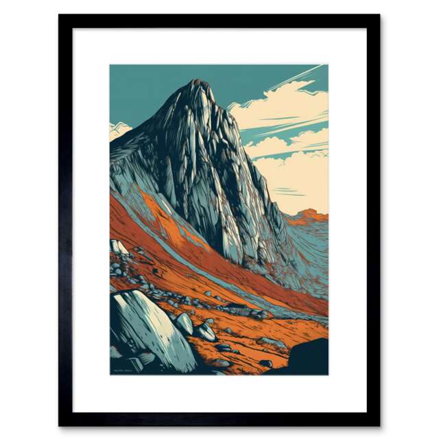 "Tryfan Mountain Peak Landscape Teal Brown 9x7"" Black Framed Wall Art Print"