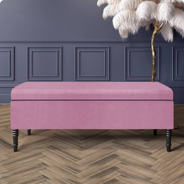 Paris Plain 180cm Ottoman Storage Bench - Plush Velvet Shoe Bench - Pink Upholstery Footstool with Storage