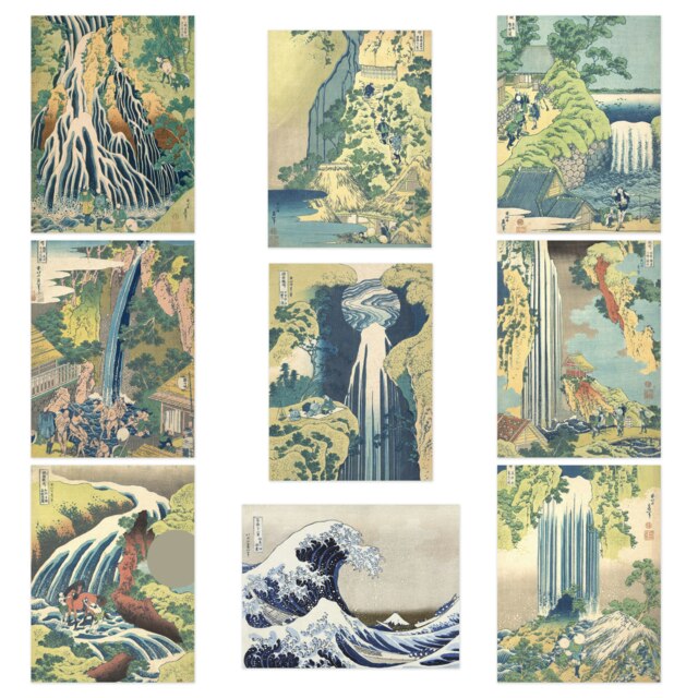 Pack of 9 Hokusai Tour Waterfalls Provinces Japanese Landscapes Home Decor Wall Art Poster 12x16 Inch