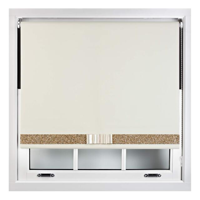 FURNISHED Blackout Roller Blind with Gold Glitter Trim and Cream Bow Trimmable Window Shade Cream Cream (W) 70cm x (L) 165cm