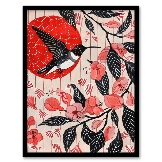 Hummingbird Cherry Blossoms Folk Art Living Room Black Framed Wall Art Print A4
