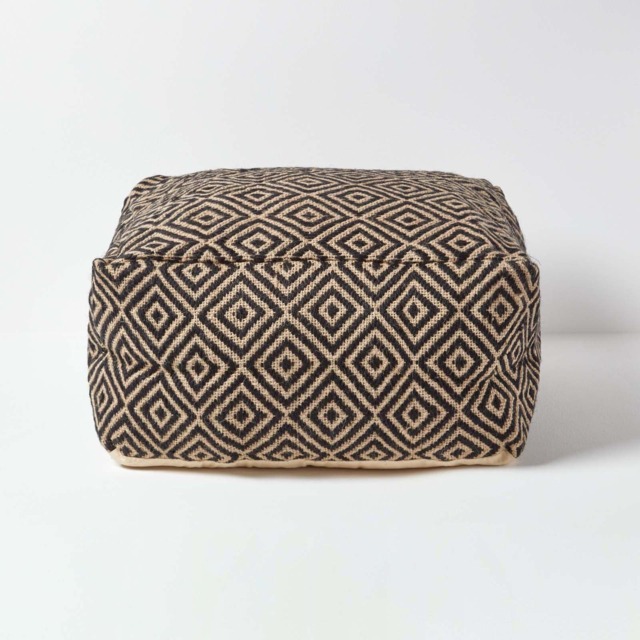 Homescapes Black and Cream Bean Cube Footstool with Aztec Pattern Black 60 x 60 x 30 cm