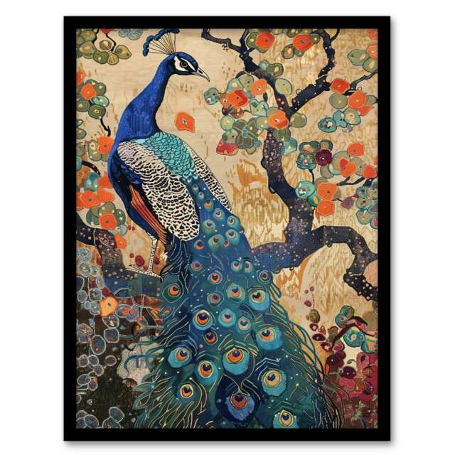 Tree Wildflowers Detailed Living Room Peacock Black Framed Wall Art Print A4