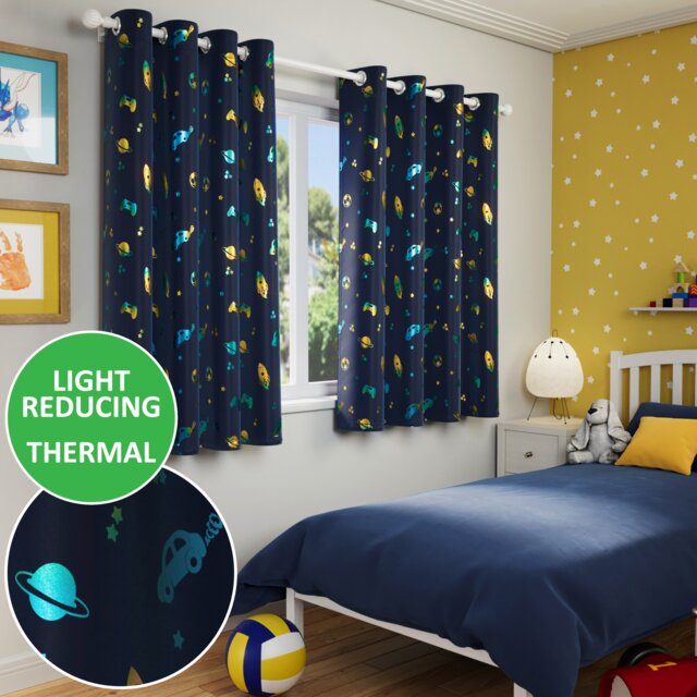Enhanced Living Infinity Room Darkening Thermal Blue Metallic Print Kid's Eyelet Curtains (PAIR) 66 x 72 inch (168x183cm)