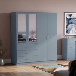 Vida Designs Riano Large 4 Door 3 Drawer Mirrored Wardrobe Bedroom Storage Unit with Hanging Rail - H 175 x W 154 x D 54 cm - Grey