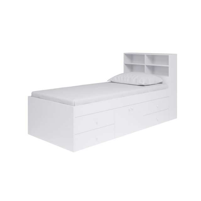 3 Feet Captain's Cabin Single Bed with Bookcase Headboard - L214 x W96 x H100 cm - White - Assembly Required