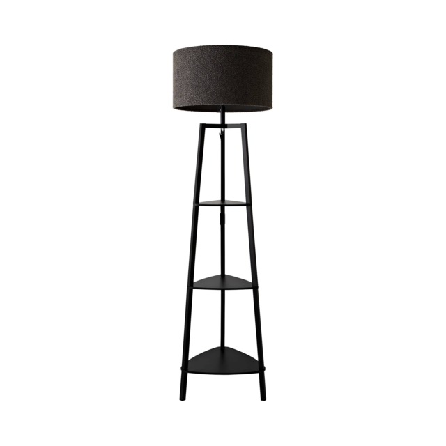 ValueLights Hiru Black 3 Tier Shelf Floor Lamp Charcoal Boucle Shade Grey