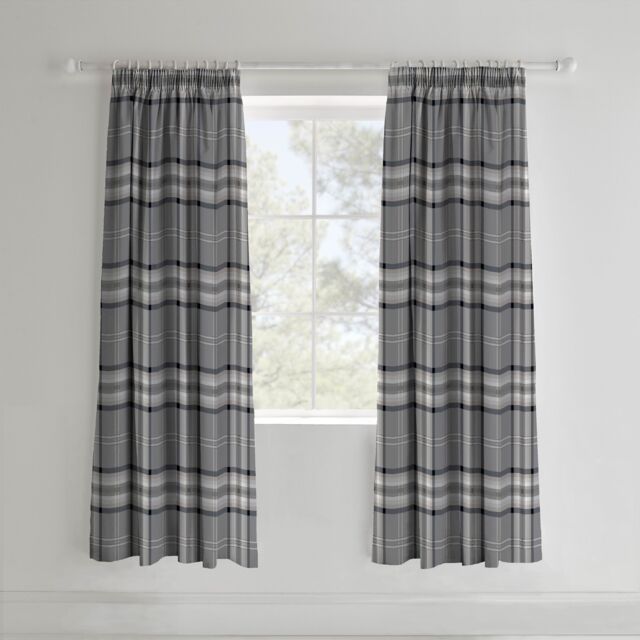 Catherine Lansfield Kelso Check Lined Pencil Pleat Curtains Grey Charcoal Grey