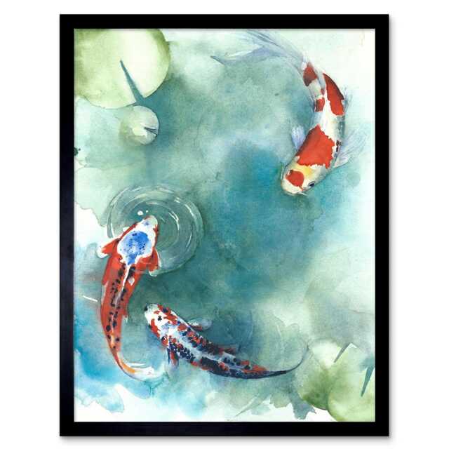 "Japanese Koi Carp Fish Lilies Goldfish 12x16"" Framed Wall Art Print"