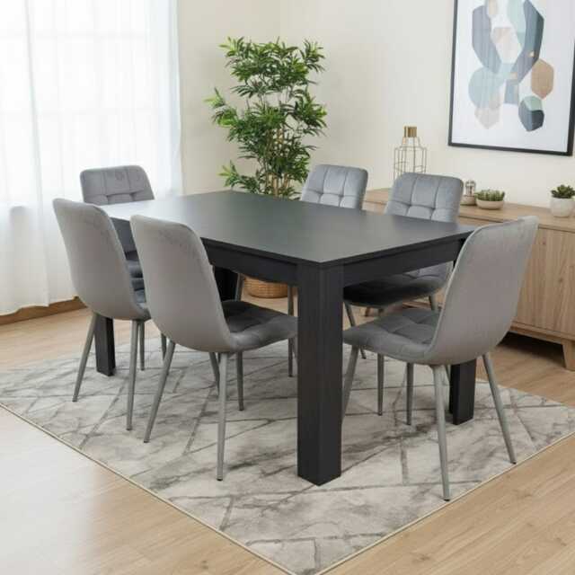 Arrow Charcoal Dining Table Set With 6 Grey Velvet Chairs Dining Room Furniture