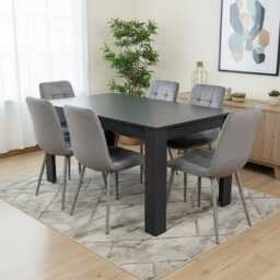 Arrow Charcoal Dining Table Set With 6 Grey Velvet Chairs Dining Room Furniture