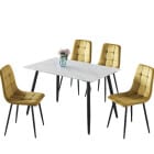 120cm Ceramic Top Dining Table & 4 Plush Velvet Chairs With Metal Leg Modern Set Multi White Matt + 4 Yellow Velvet Chairs