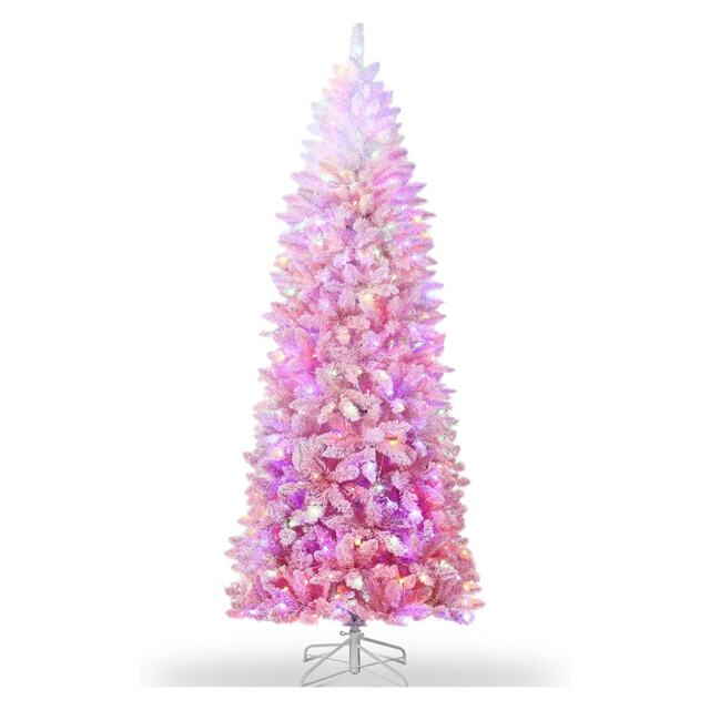 London Boutique 7.5 ft Snow Flocked Pencil Christmas Tree Slim Xmas Tree - Pink Gradient
