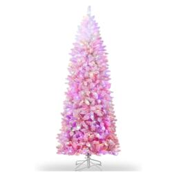 London Boutique 7.5 ft Snow Flocked Pencil Christmas Tree Slim Xmas Tree - Pink Gradient
