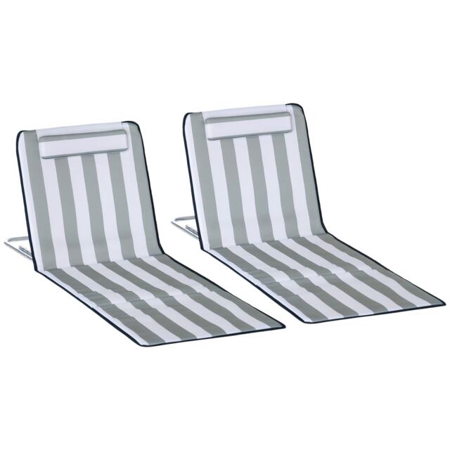 Outsunny 2 Pieces Outdoor Beach Mat Steel Reclining Chair Set w/ Pillow Grey Grey
