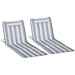 Outsunny 2 Pieces Outdoor Beach Mat Steel Reclining Chair Set w/ Pillow Grey Grey