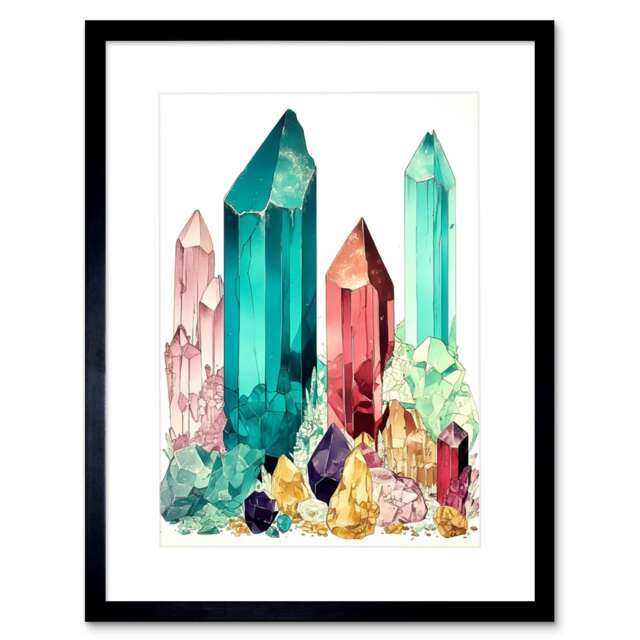 "Bright Watercolour Gemstone Crystals 9x7"" Black Framed Wall Art Print"