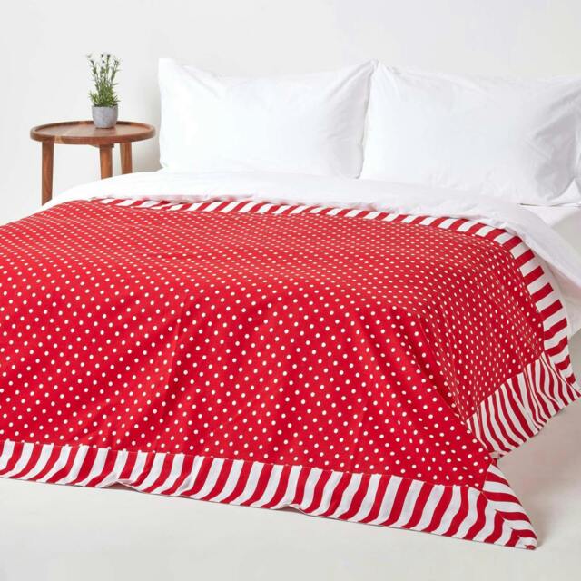 Homescapes Cotton Red Polka Dots and Stripes Sofa Throw - 150 x 200 cm Red 1