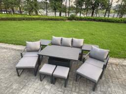 Fimous Aluminium Garden Furniture Sets 9 Seater Outdoor Sofa Set with Adjustable Rising Lifting Dining Table 2 Chairs 4 Footstools 2 Side Tables