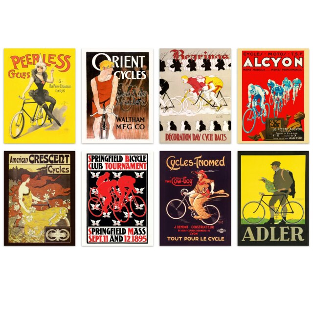 Pack of 8 Vintage Adverts Cycling Bicycle Bike French British American Wall Art Print A4