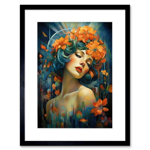 "Woman Portrait Flowers Art Deco 9x7"" Black Framed Wall Art Print"