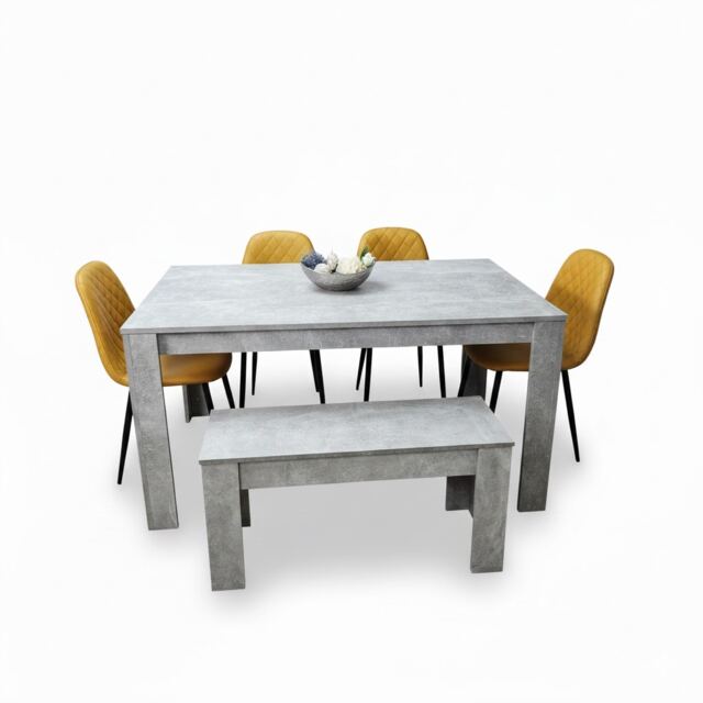 Wooden Rectangle Dining Table Set With 4 Mustard Chairs And Wooden Bench Dining Furniture Set