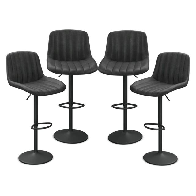 PU Leather Bar Stool with Fluted Back Height Adjustable, 360 Swivel, Backrest & Footrest Black Black & Set of 4 4