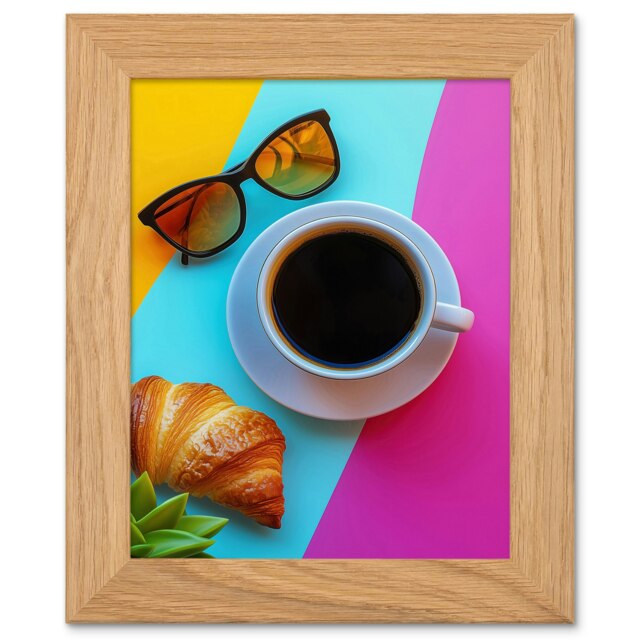 Coffee Sunglasses Croissant Modern Kitchen Art Oak Wood Framed Wall Print