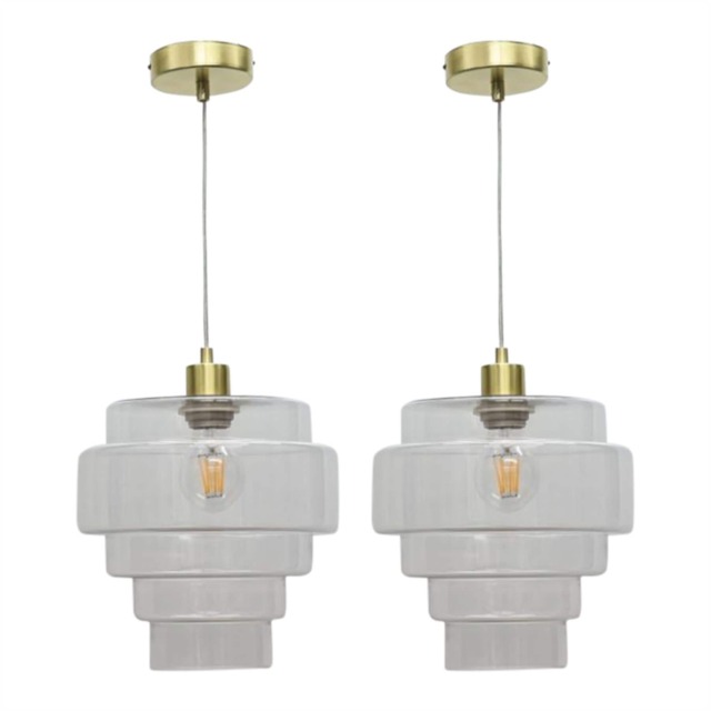 Set of 2 Benson - 5 Tier Glass & Satin Brass Ceiling Pendant Lights