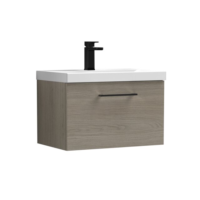 Balterley Wall Hung Bathroom 1 Drawer Vanity Unit and 1 Tap Hole Ceramic Basin, Woodgrain Mid Oak with Handle Brown Solace Oak