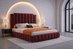 4ft Small Double Maroon Plush Velvet Tower Panel Bed Frame