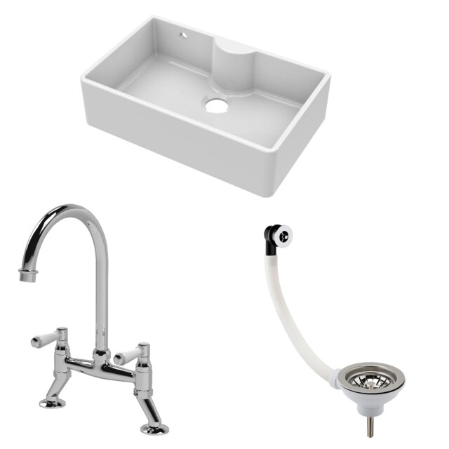 Fireclay Kitchen Bundle - 1 Bowl Butler Sink with Overflow & Ledge, Waste & Bridge Mixer Tap, 795mm - Chrome