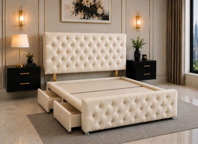 Brooklyn Divan Bed with Upholstered Headboard & Footboard Base - Double Cream Teddy No Storage