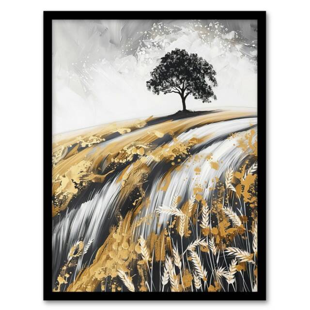 Tree Golden Field Wheat Landscape Living Room Black Framed Wall Art Print A4