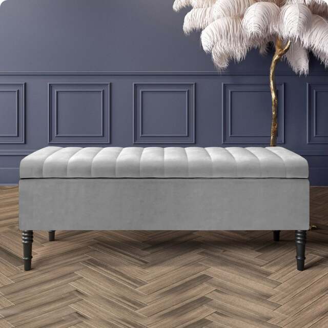 150cm Paris Striped Ottoman Storage Bench- Plush Velvet Shoe Bench - Silver Upholstery Footstool with Storage