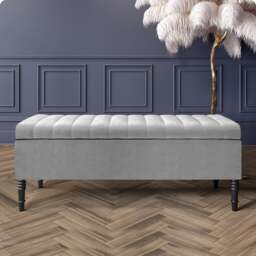 150cm Paris Striped Ottoman Storage Bench- Plush Velvet Shoe Bench - Silver Upholstery Footstool with Storage