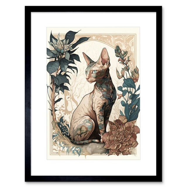 "Sphynx Cat Flower Blooms Modern Art Nouveau Portrait 9x7"" Black Framed Wall Art Print"