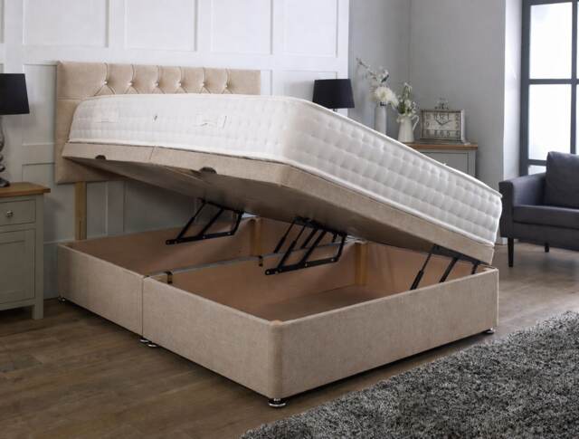 Side Lift Ottoman Beige Linen 5ft Kingsize Bed Set Headboard and Mattress Included