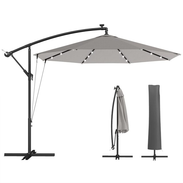 Outsunny 3 m Cantilever Parasol Solar LED Lights Grey Light Grey 295 x 295 x 245 cm
