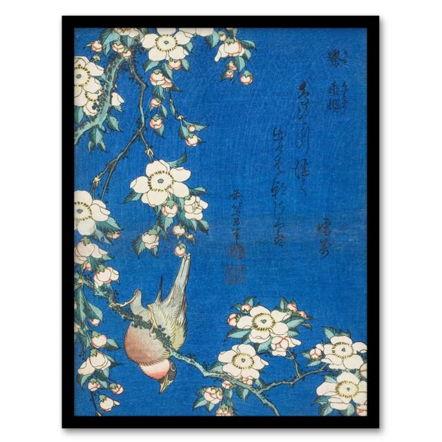 "Bullfinch Weeping Cherry Blossoms Japanese Framed Wall Art Print Hokusai 12x16"""