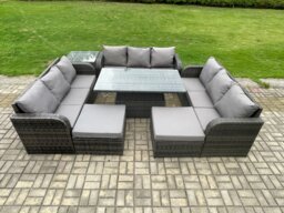 Fimous 11 Seater Garden Dining Sets Outdoor Rattan Furniture Lounge Sofa Height Adjustable Rising lifting Table With Side Table 2 Big Footstool Dark Grey Mixed