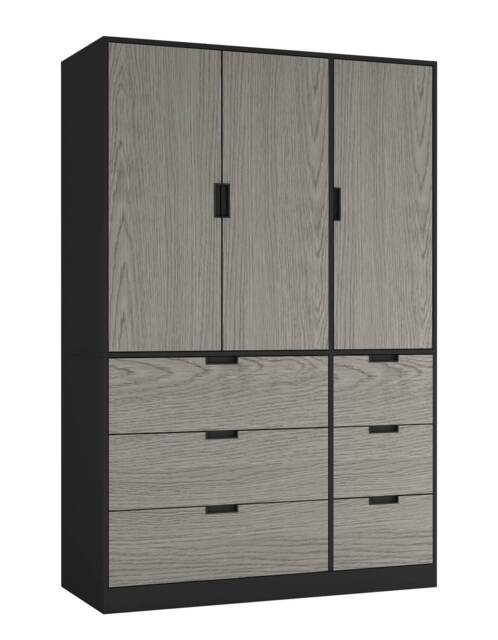 RIGA 3 Door 6 Drawer Wardrobe Black Black & Cedar Grey 10 x 44.5 x 79 1
