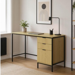 Wisbech 3 Drawer Desk Oak Computer Office Table Workstation Home Steel Legs