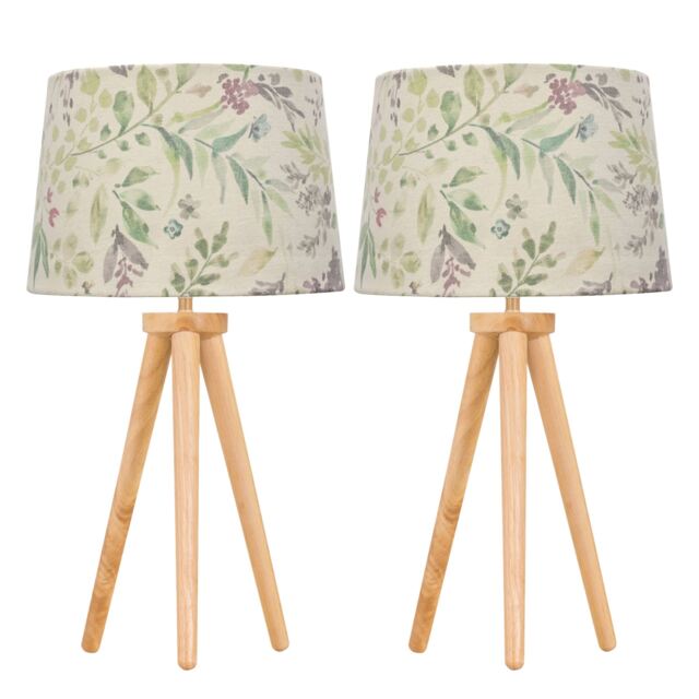 Set of 2 Light Oak Table Lamp or Bedside Lights with Floral Shades Brown Multi Large 2