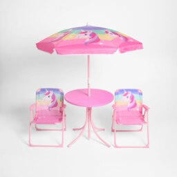OHS Kids 2 Seater Outdoor Garden Patio Deck Folding Bistro Furniture Table Chair Parasol Set Pink Unicorn