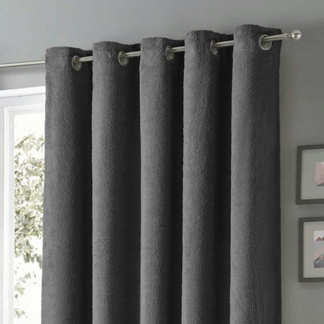 Velosso Teddy Fleece Readymade Eyelet Curtains - 168cm x 137cm Grey Charcoal