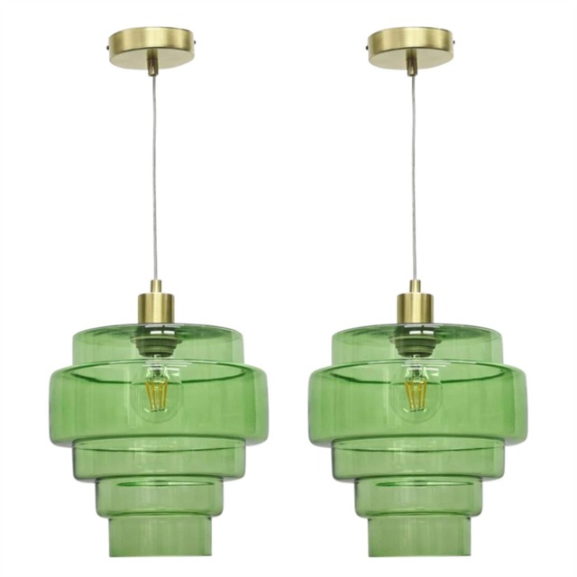 Set of 2 Benson - 5 Tier Green & Satin Brass Ceiling Pendant Lights