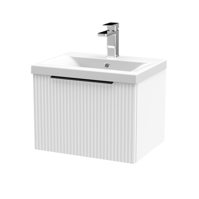 Balterley Contemporary Fluted Front Wall Hung Single Drawer Bathroom Vanity Unit with 1 Tap Hole Basin, Handles White Satin White