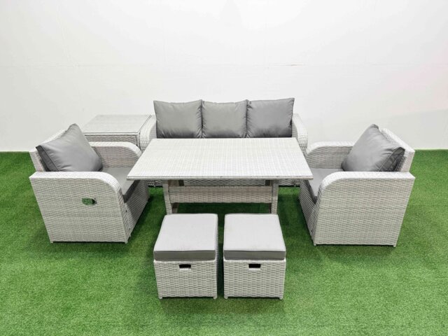 Fimous PE Rattan Garden Furniture Set Reclining Chair Sofa Lounge Sofa Set Rectangular Dining Table Side Table 2 Small Stools Light Grey
